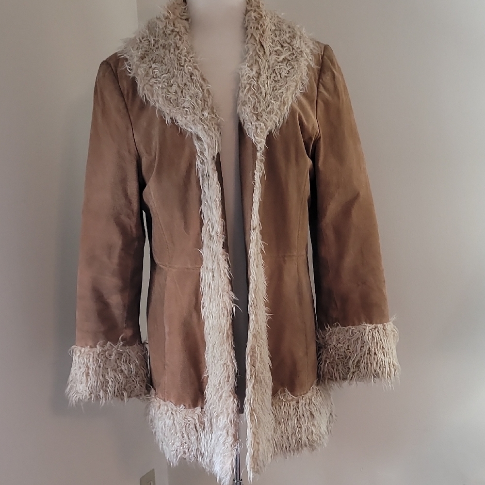 Gallery Cream and Brown Teddy Jacket with Faux Fur Trim